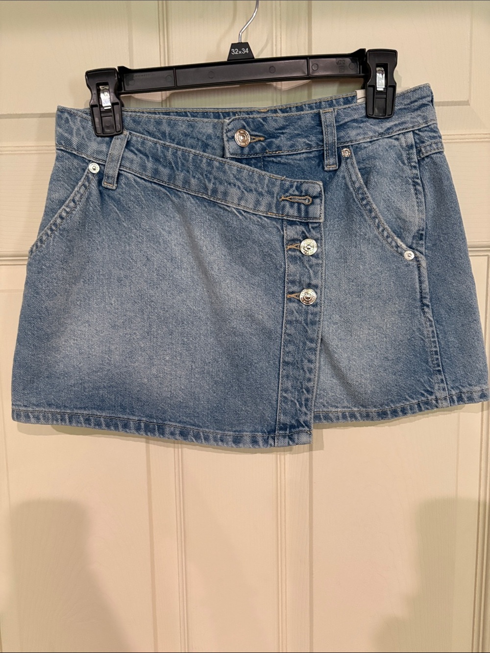 We The Free Washed Blue Denim Asymmetrical Button Mini Skirts